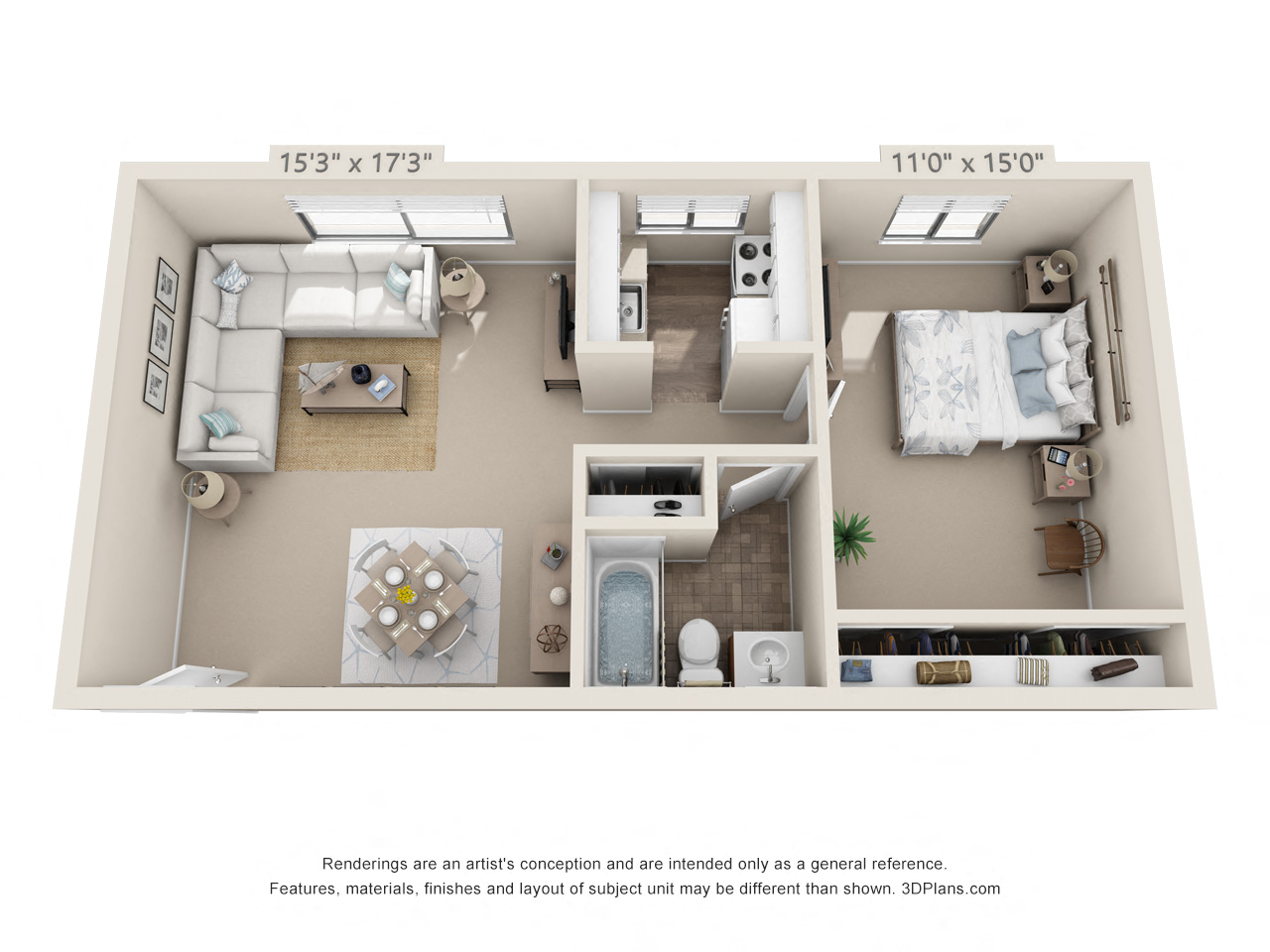 Floor plan for 1 bed, 1 bath, 572 sqft