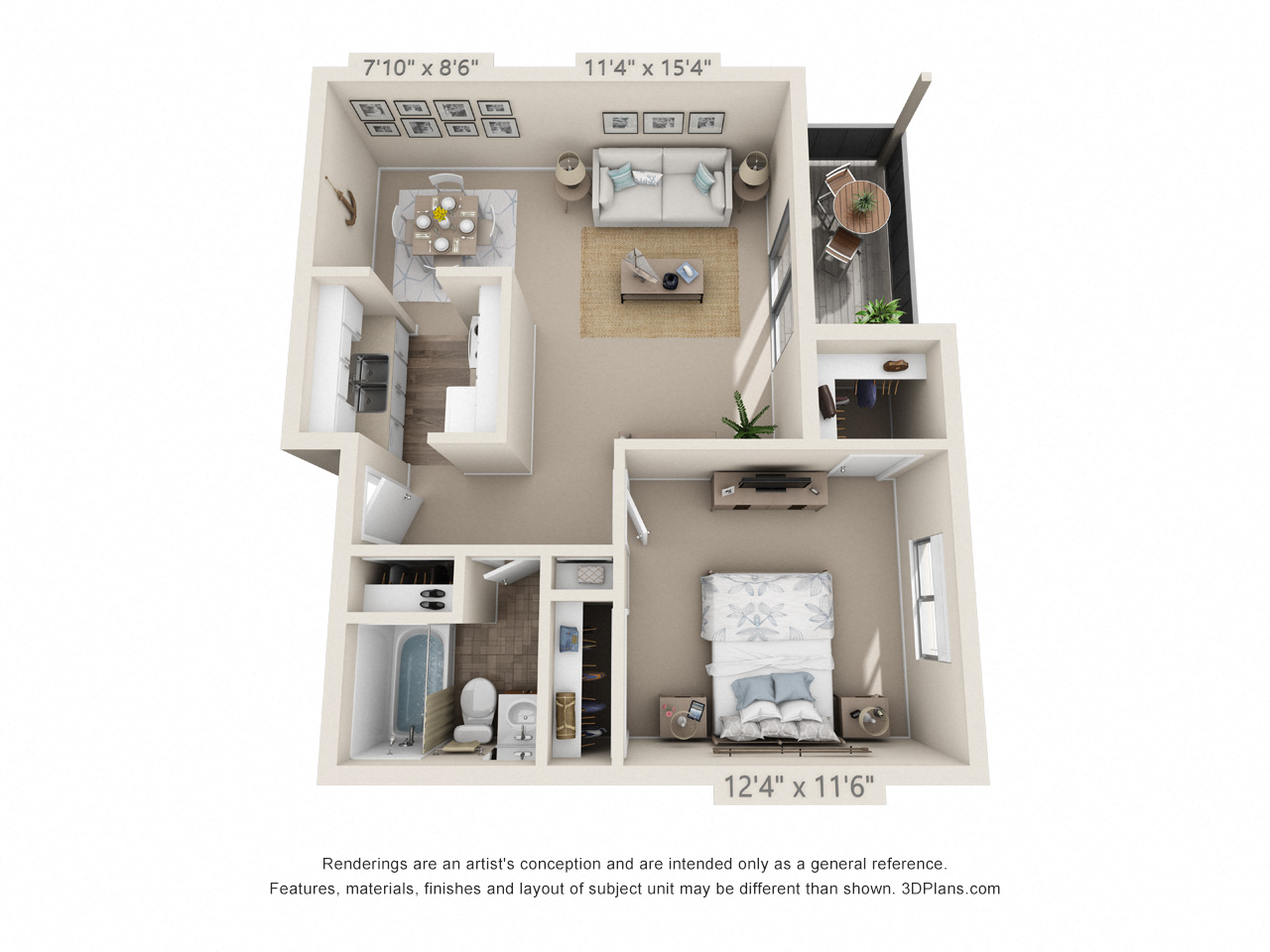 Floor plan for 1 bed, 1 bath, 578 sqft