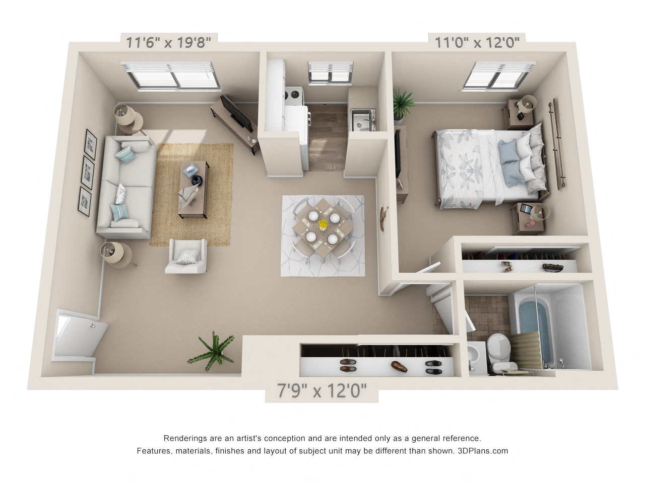 Floor plan for 1 bed, 1 bath, 576 sqft