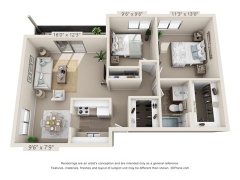 Floor plan for 2 beds, 1 bath, 748 sqft
