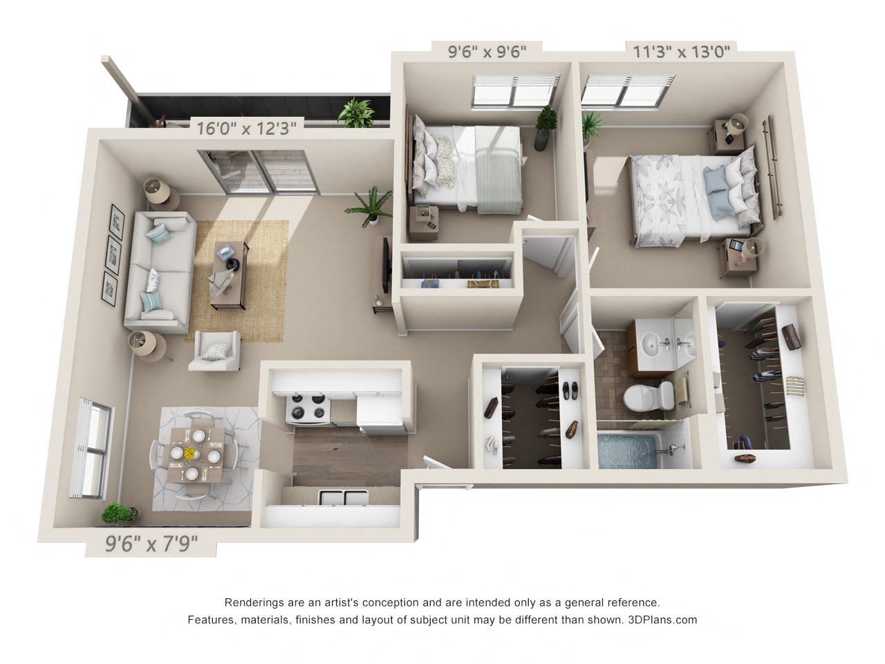 Floor plan for 2 beds, 1 bath, 773 sqft