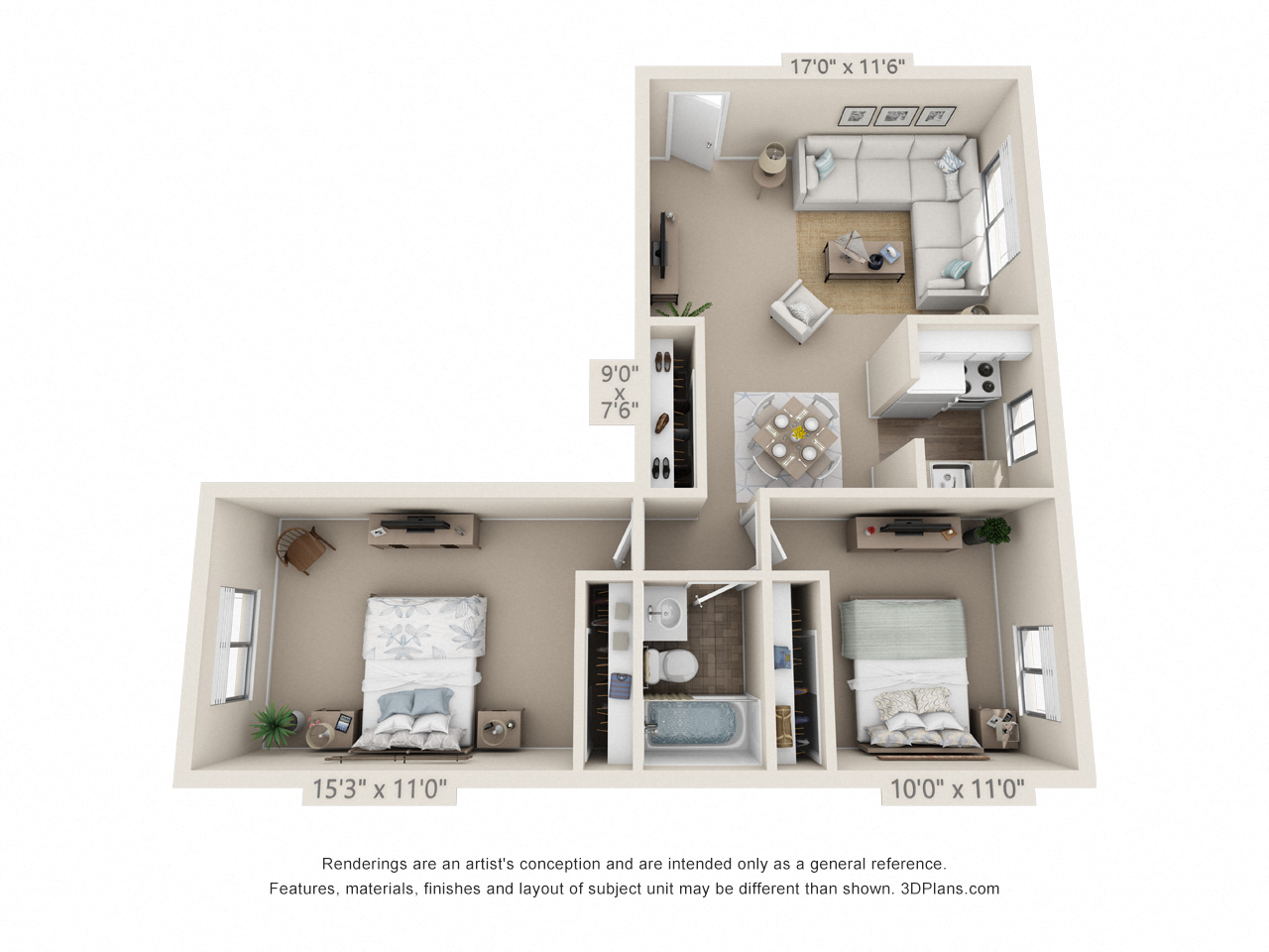 Floor plan for 2 beds, 1 bath, 689 sqft