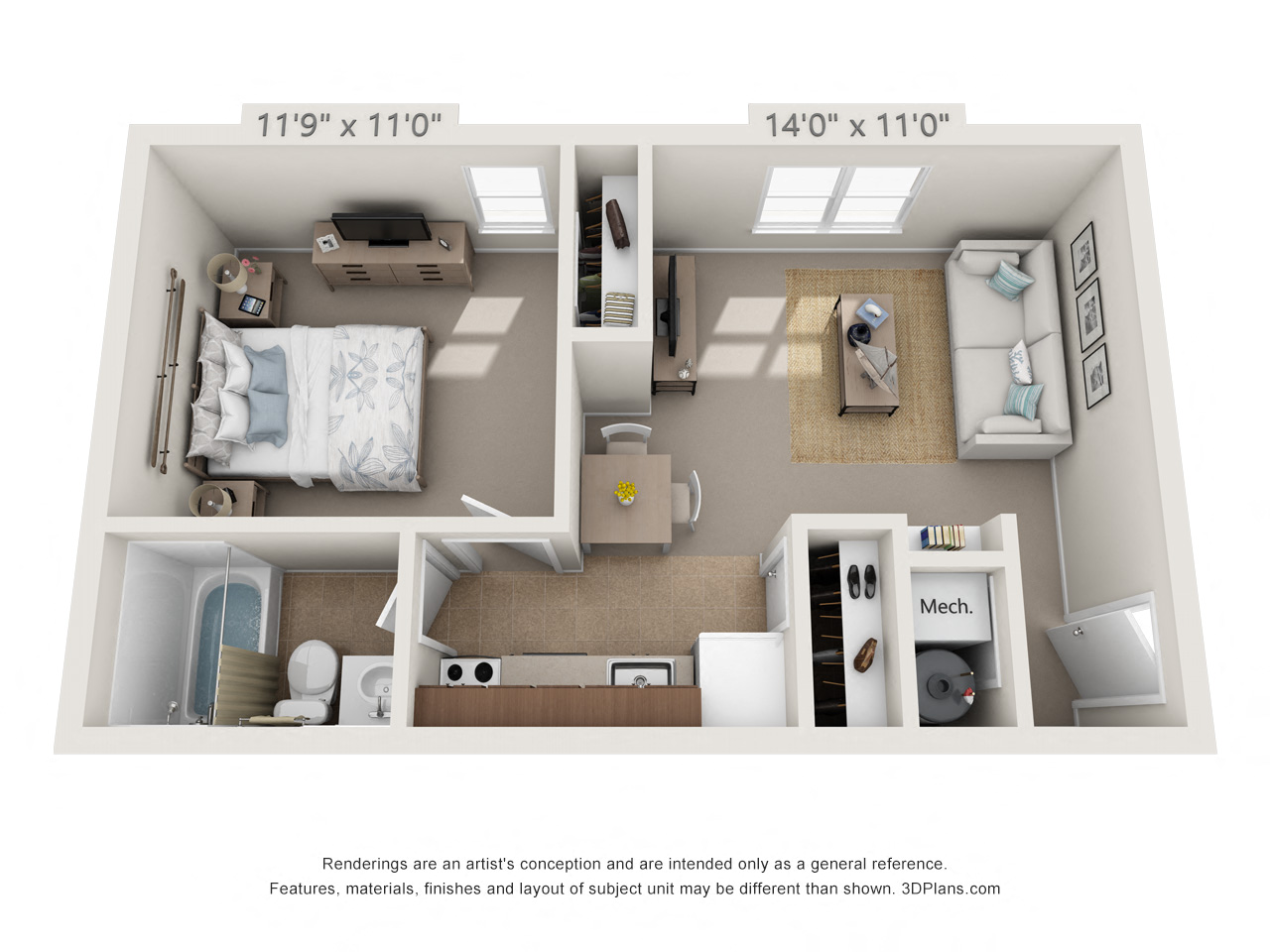 Floor plan for 1 bed, 1 bath, 500 sqft