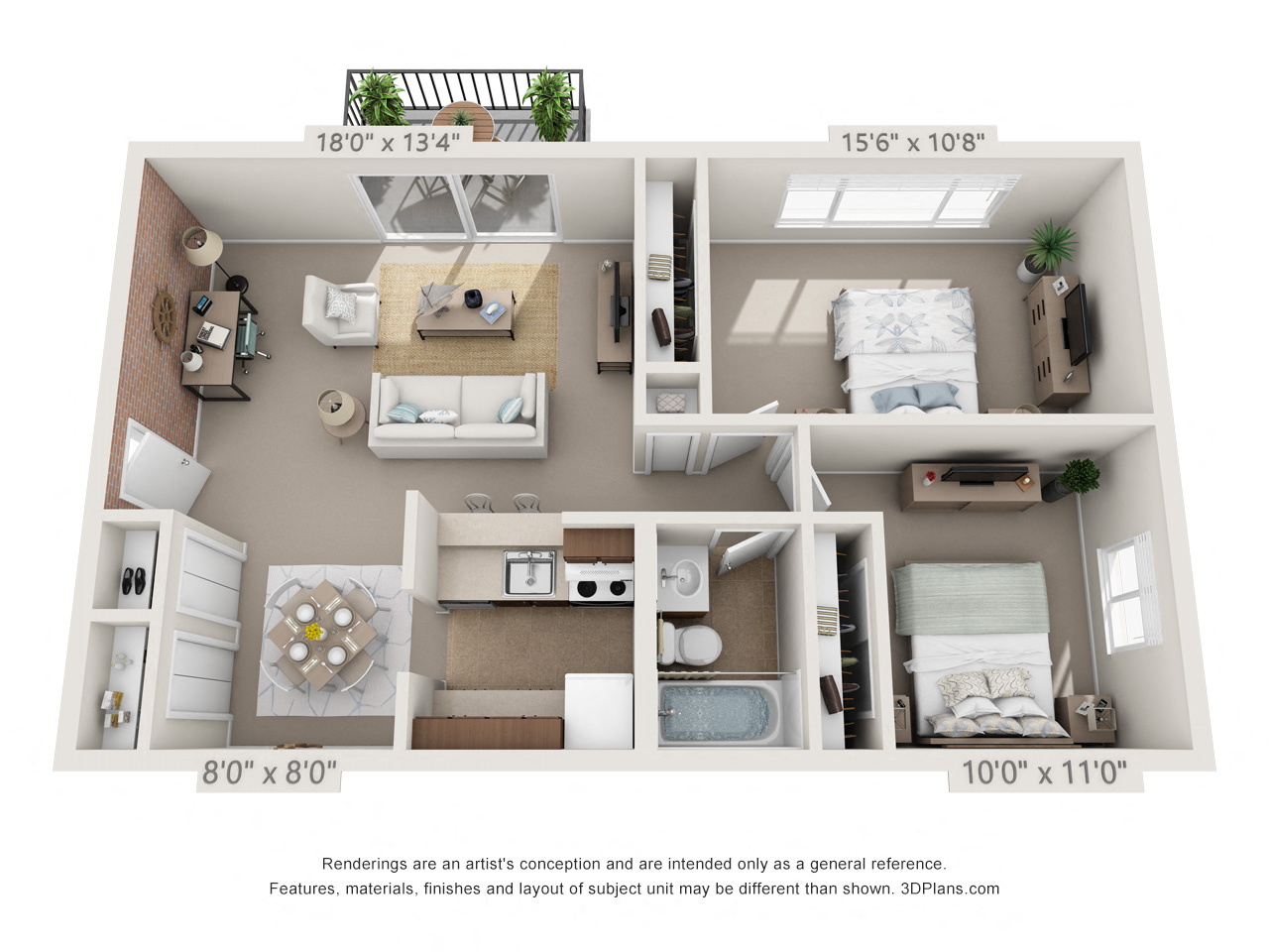 Floor plan for 2 beds, 1 bath, 833 sqft