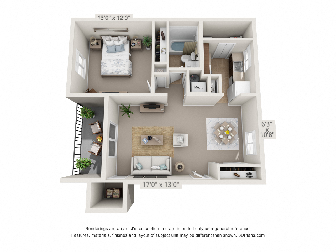 Floor plan for 1 bed, 1 bath, 716 sqft