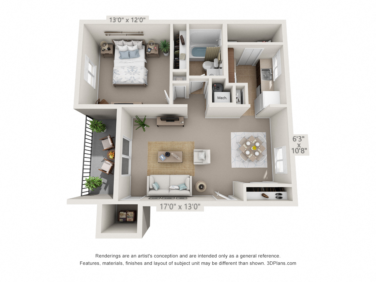 Floor plan for 1 bed, 1 bath, 716 sqft