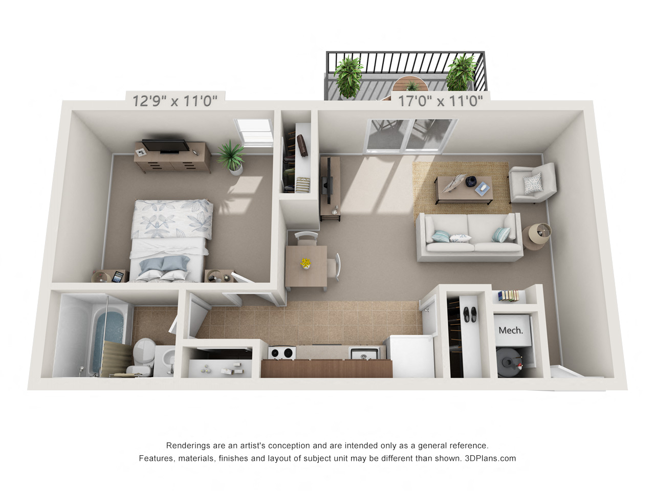 Floor plan for 1 bed, 1 bath, 560 sqft