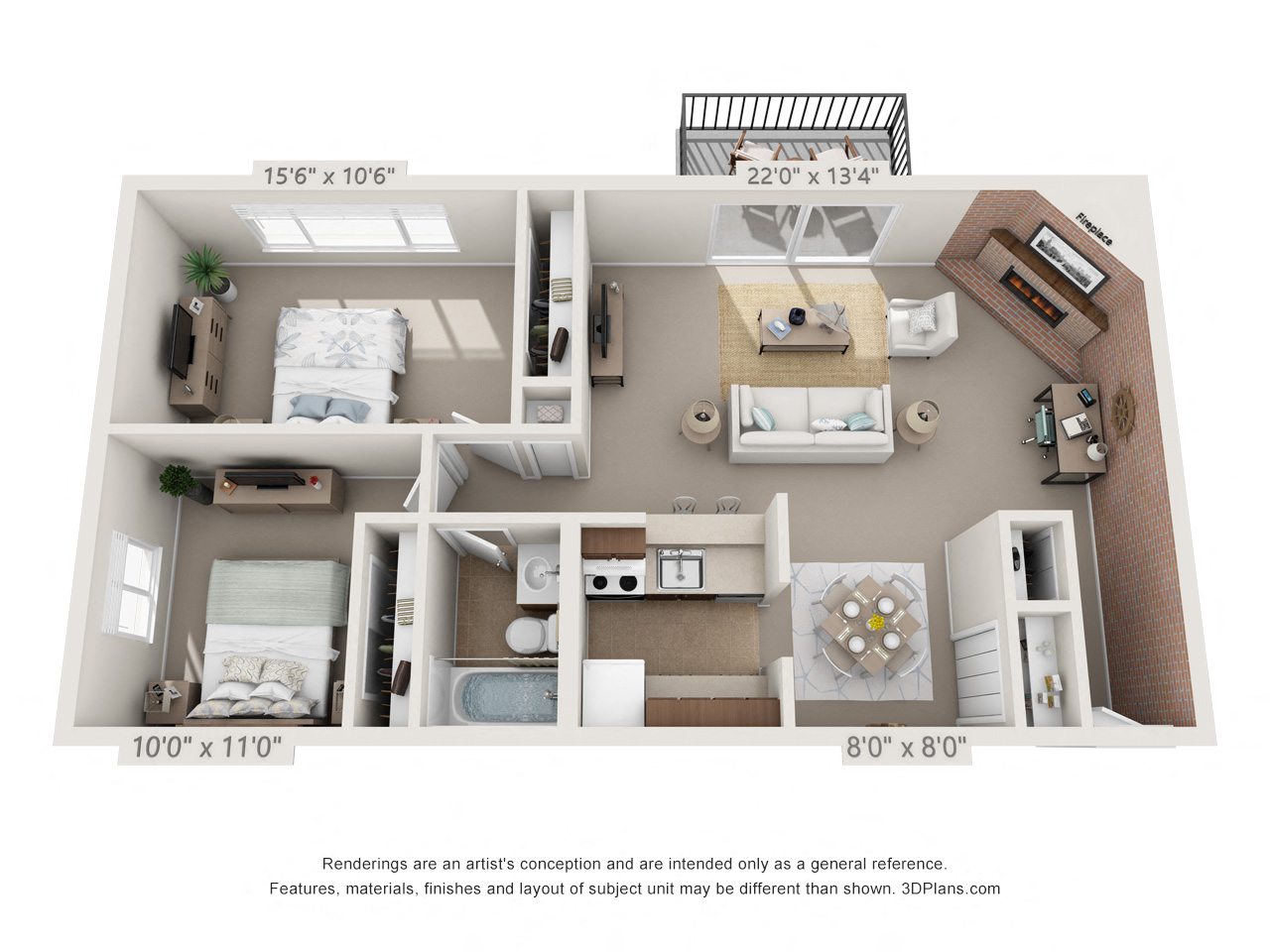 Floor plan for 2 beds, 1 bath, 925 sqft