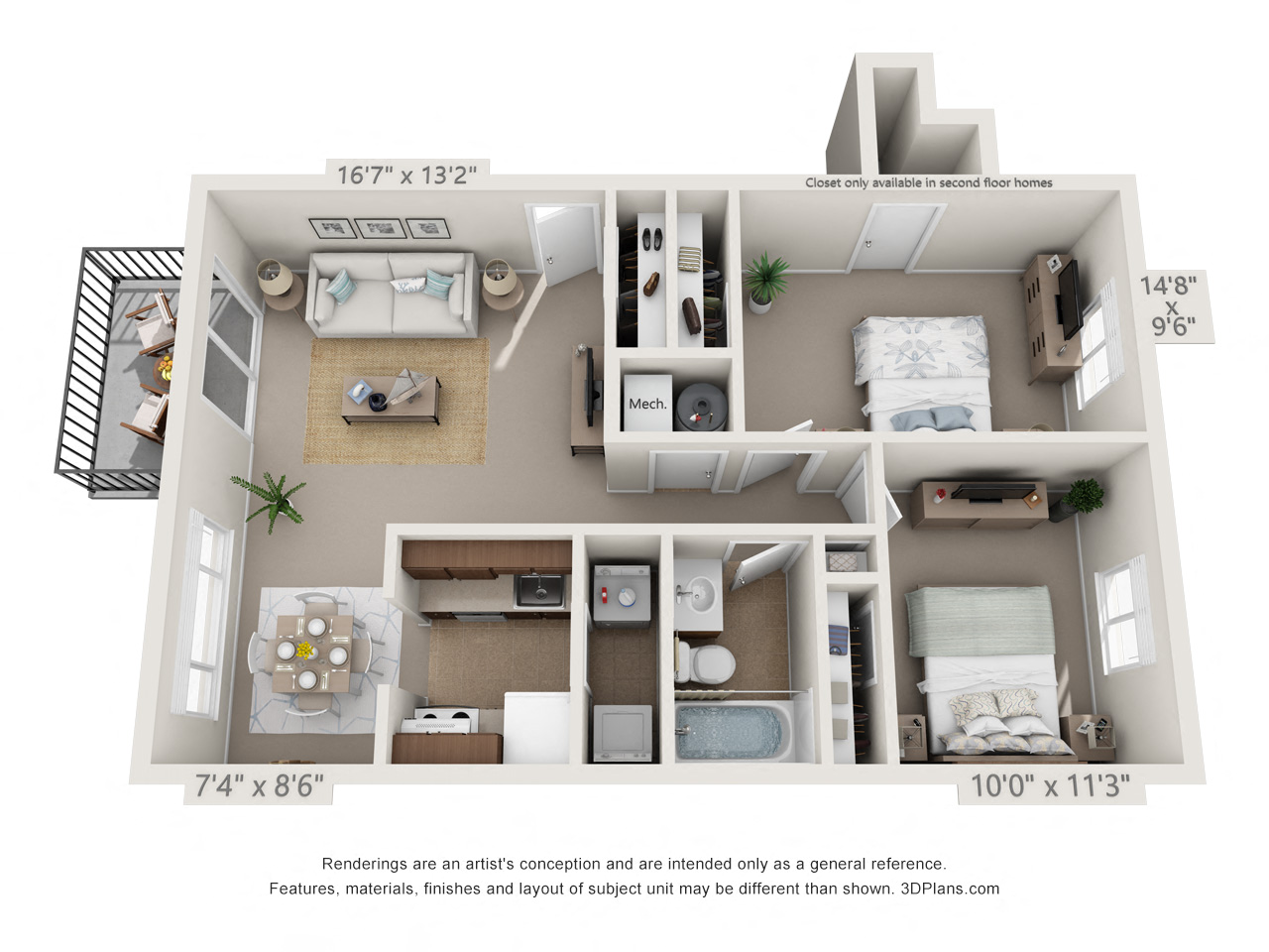 Floor plan for 2 beds, 1 bath, 836 sqft
