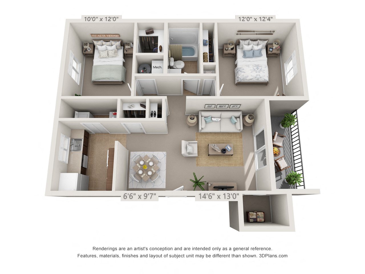 Floor plan for 2 beds, 1 bath, 851 sqft