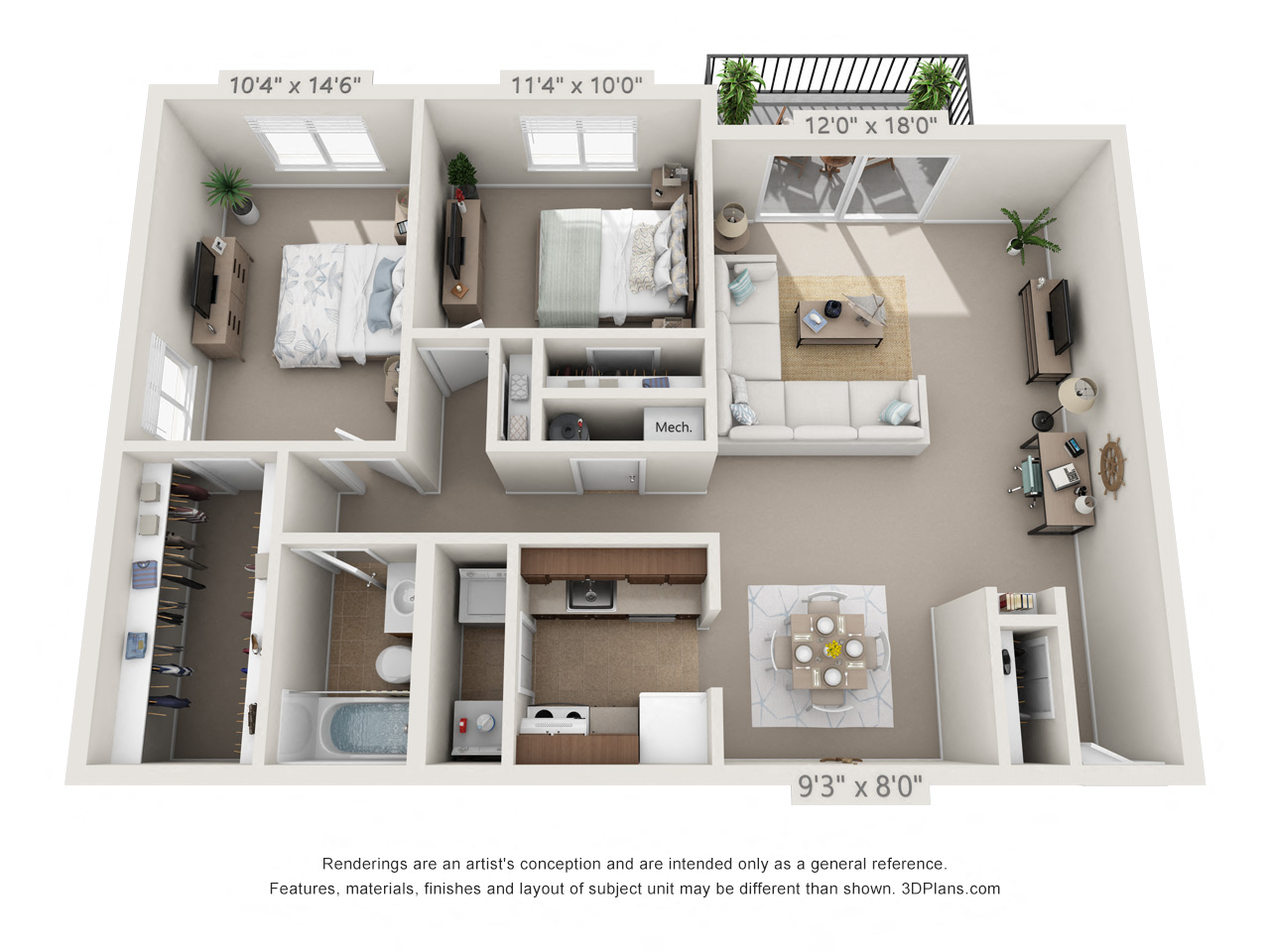 Floor plan for 2 beds, 1 bath, 1030 sqft