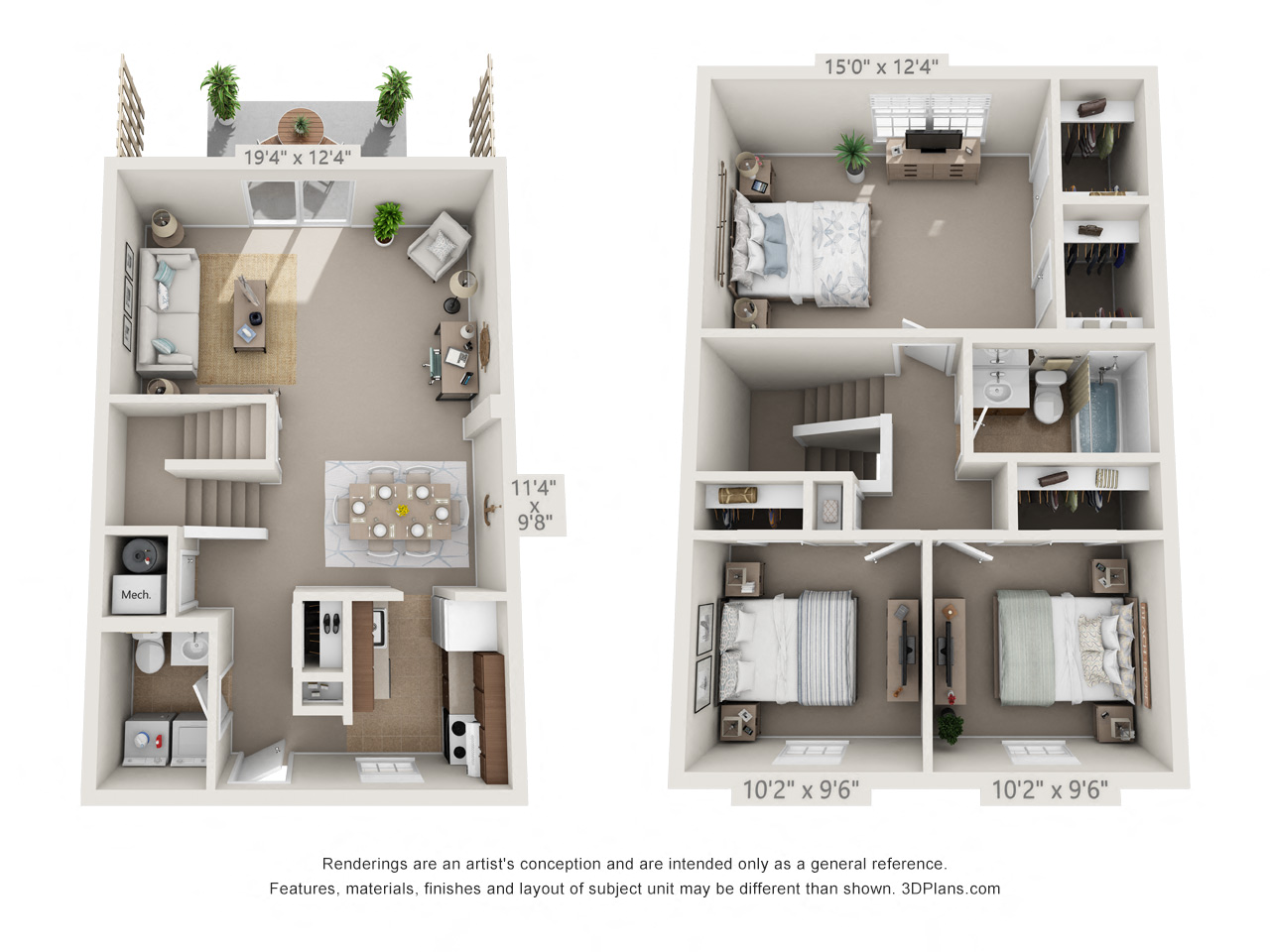 Floor plan for 3 beds, 2 baths, 1310 sqft