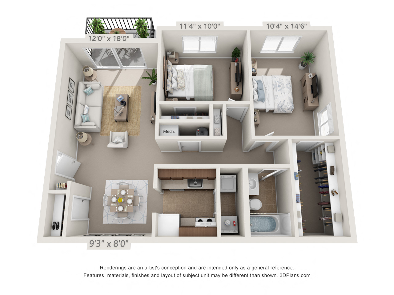 Floor plan for 2 beds, 1 bath, 940 sqft