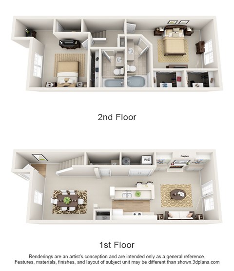 Floor plan for 2 beds, 2.5 baths, 1242 sqft
