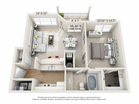 Floor plan for 1 bed, 1 bath, 678 sqft