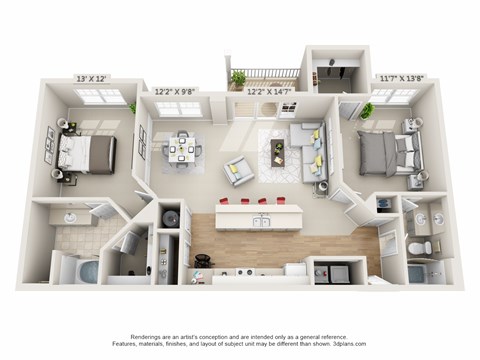 Floor plan for 2 beds, 2 baths, 1158 sqft