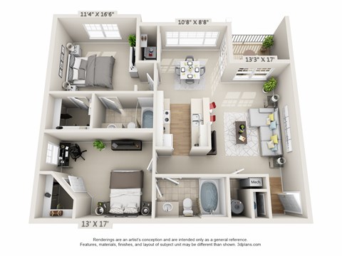 Floor plan for 2 beds, 2 baths, 1016 sqft