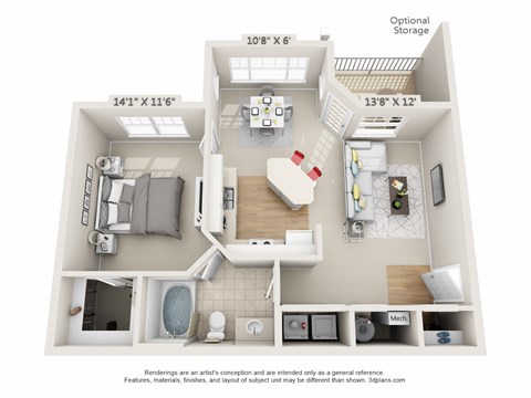 Floor plan for 1 bed, 1 bath, 758 sqft