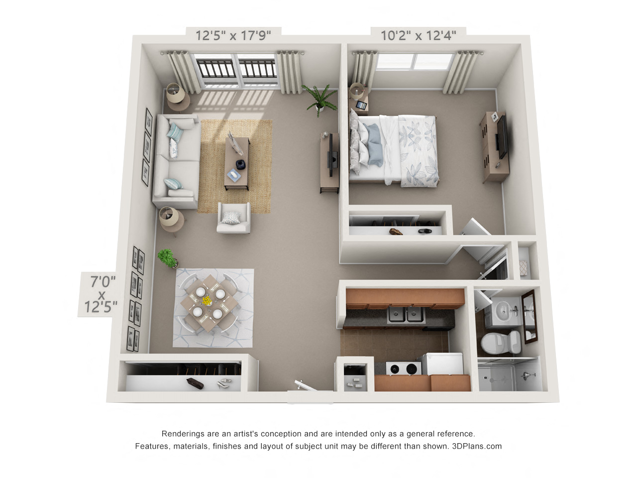 Floor plan for 1 bed, 1 bath, 670 sqft