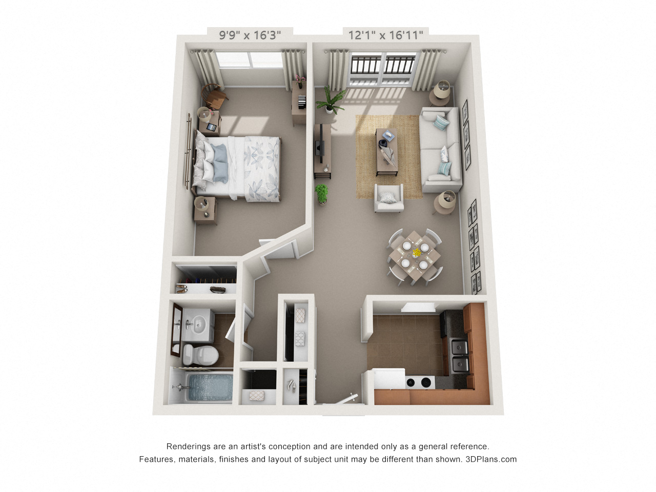 Floor plan for 1 bed, 1 bath, 560 sqft