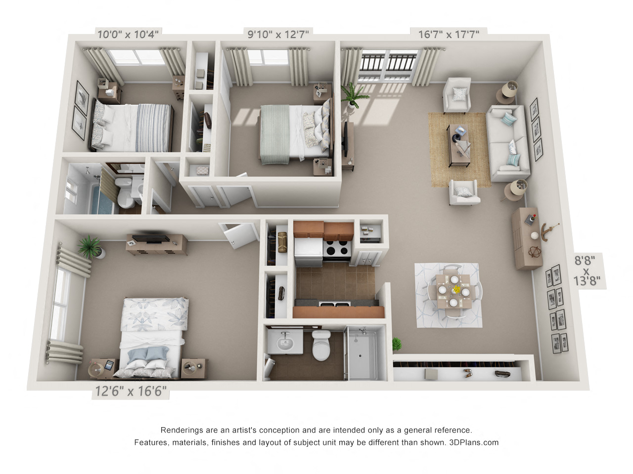 Floor plan for 3 beds, 2 baths, 1100 sqft