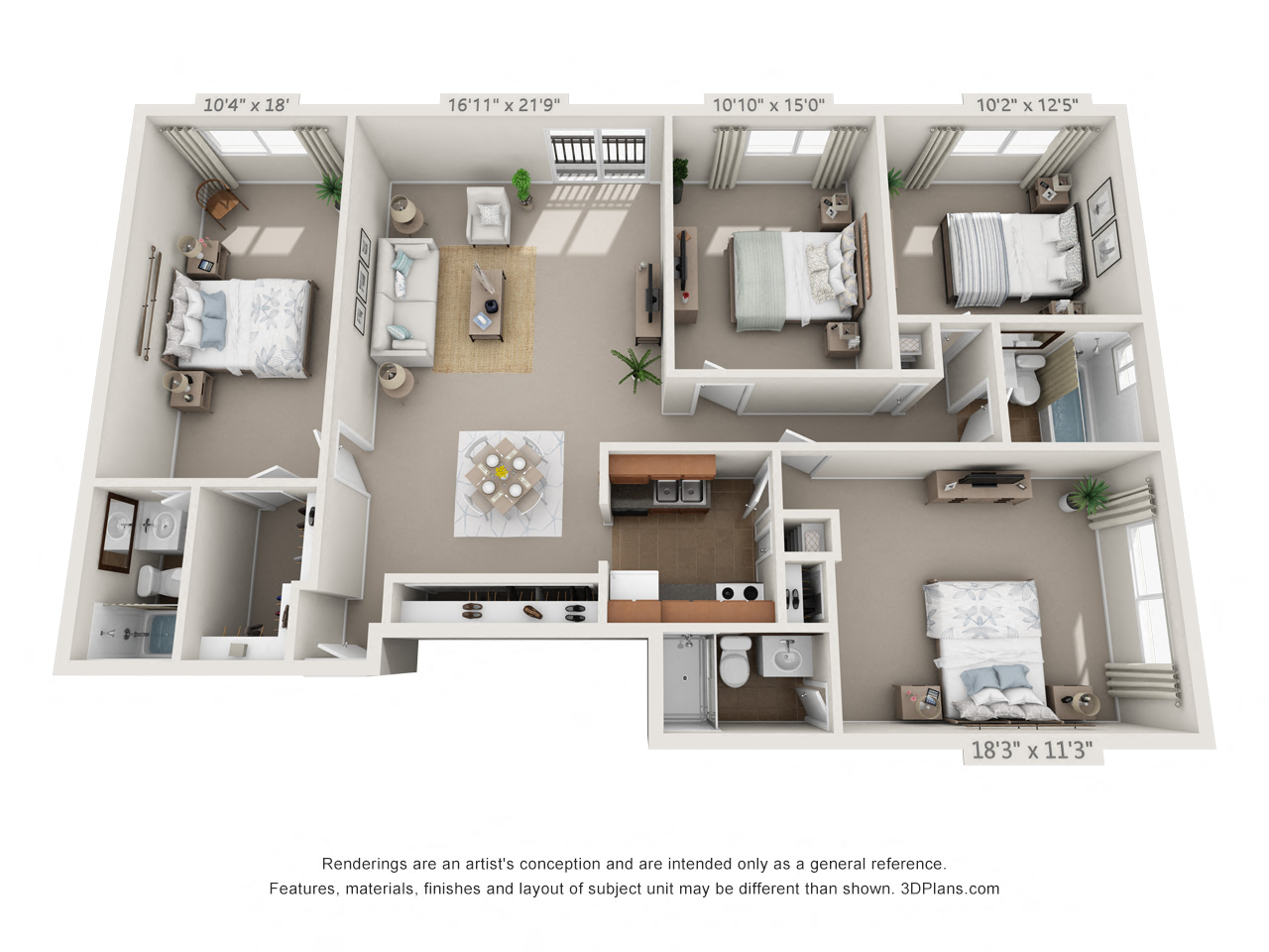 Floor plan for 4 beds, 3 baths, 1317 sqft
