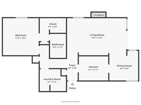 Floor plan for 1 bed, 1 bath, 770 sqft