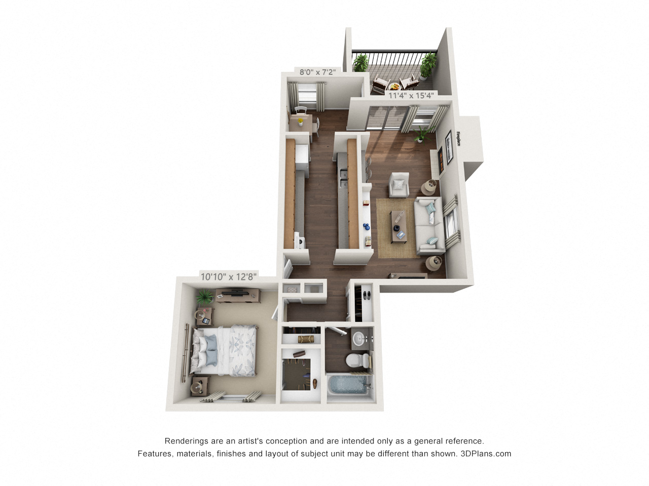 Floor plan for 1 bed, 1 bath, 650 sqft