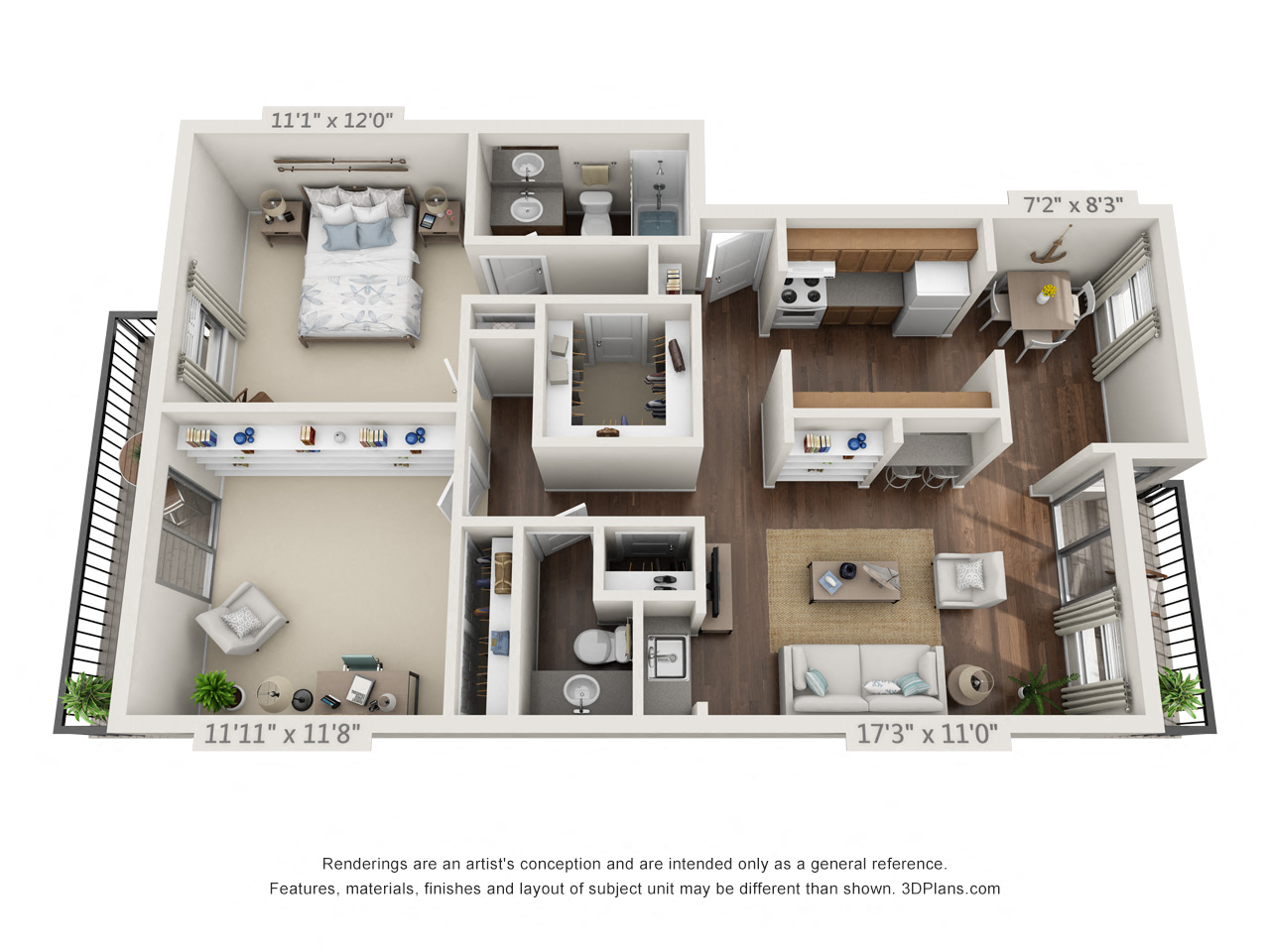 Floor plan for 2 beds, 1.5 baths, 935 sqft