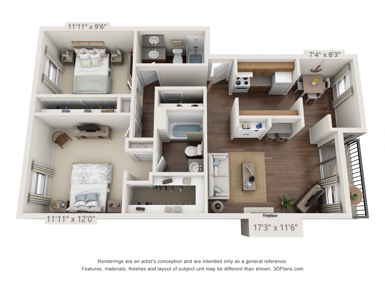 Floor plan for 2 beds, 2 baths, 970 sqft