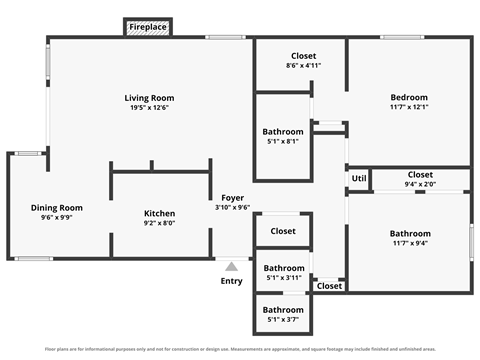 Floor plan for 2 beds, 2 baths, 935 sqft