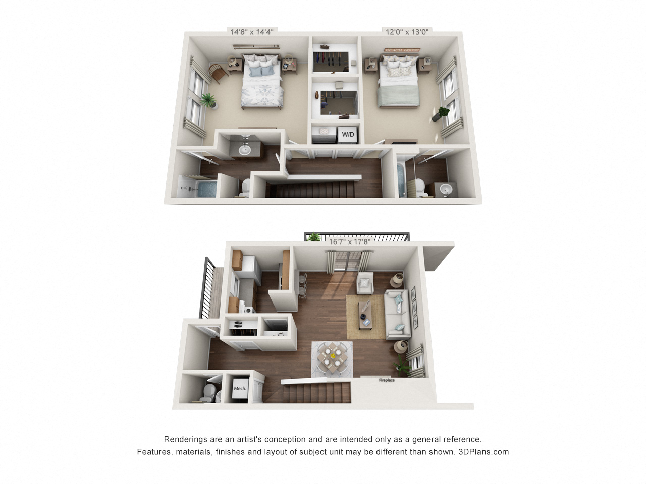 Floor plan for 2 beds, 3 baths, 1283 sqft