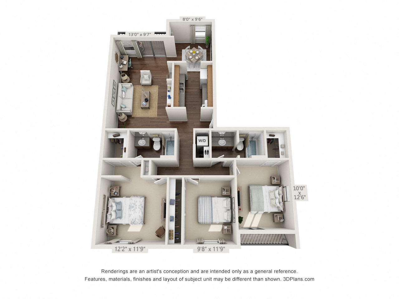 Floor plan for 3 beds, 2 baths, 1153 sqft