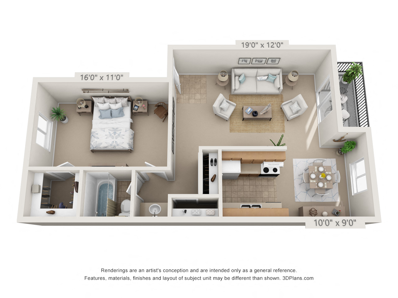 Floor plan for 1 bed, 1 bath, 653 sqft