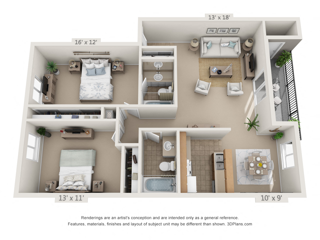Floor plan for 2 beds, 2 baths, 871 sqft