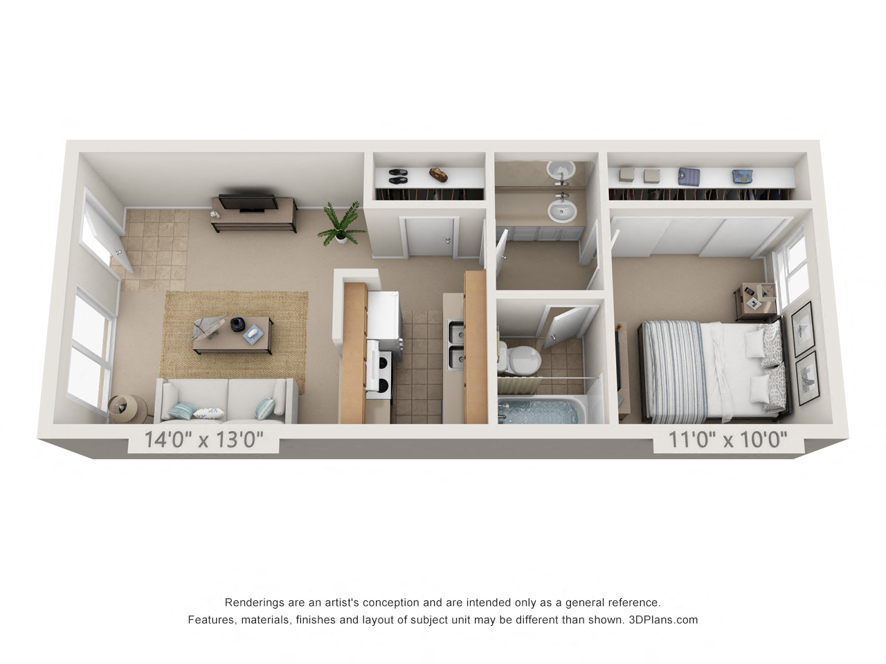 Floor plan for 1 bed, 1 bath, 472 sqft
