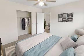 Cincinnati apartment for rent - This is a photo of the digitally staged second bedroom of a 742 square foot, 2 bedroom apartment at Romaine Court Apartments in the Oakley neighborhood of Cincinnati, Ohio.