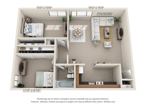 Floor plan for 2 beds, 1 bath, 755 sqft