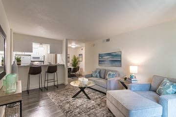 Dallas apartment for rent - A living room with a grey couch, a coffee table, and a painting on the wall.