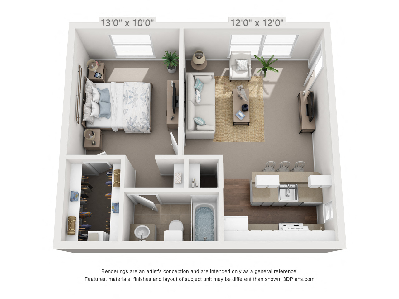 Floor plan for 1 bed, 1 bath, 486 sqft