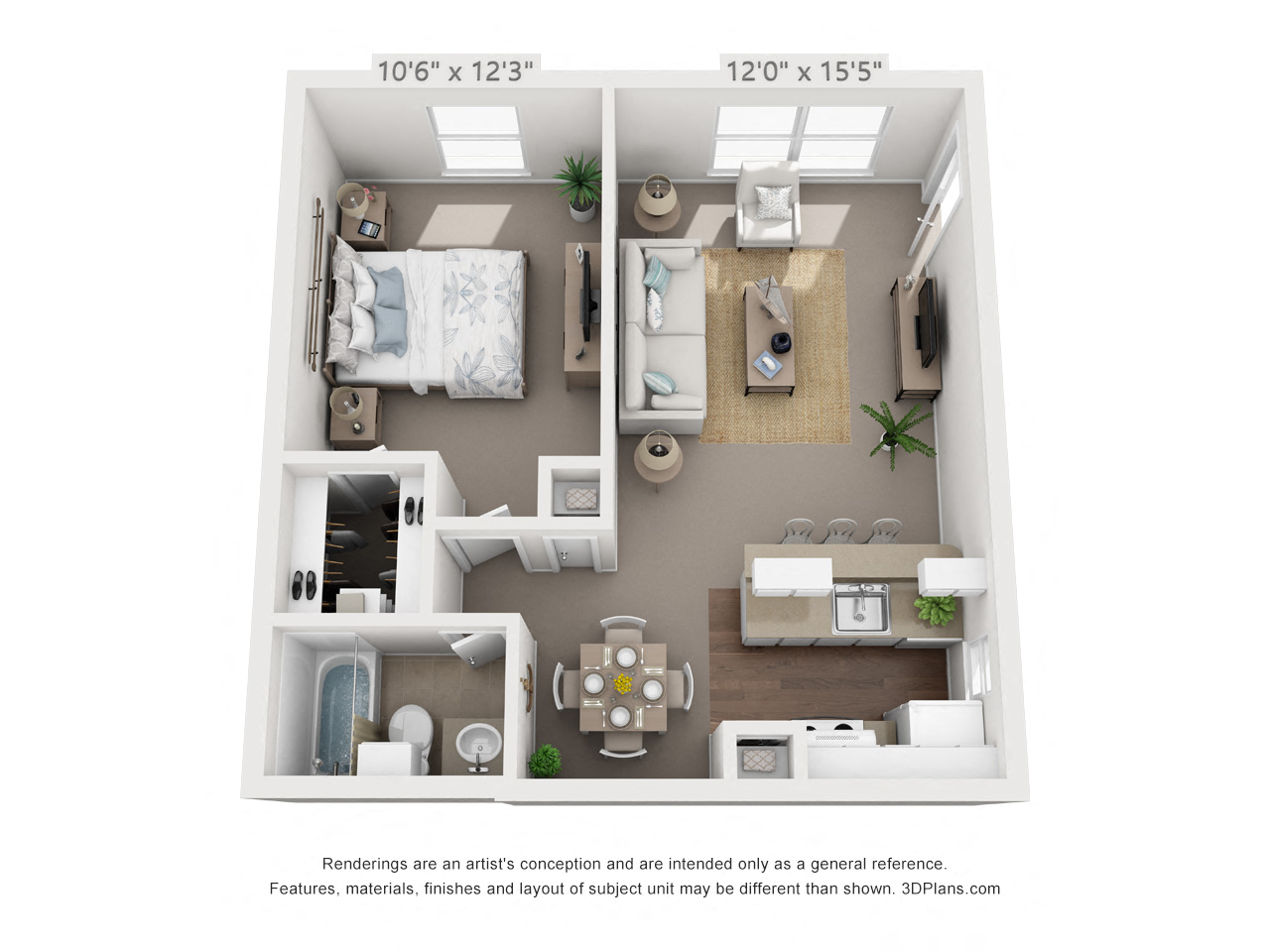 Floor plan for 1 bed, 1 bath, 558 sqft