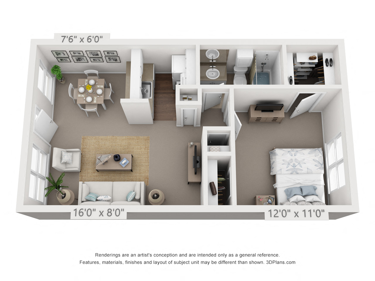 Floor plan for 1 bed, 1 bath, 576 sqft