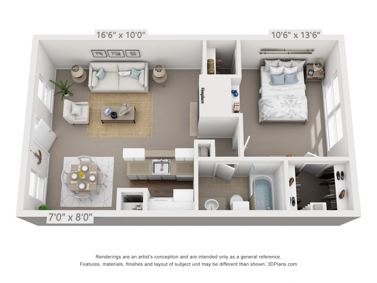 Floor plan for 1 bed, 1 bath, 640 sqft