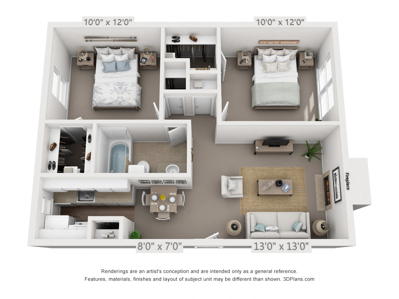 Floor plan for 2 beds, 1 bath, 768 sqft