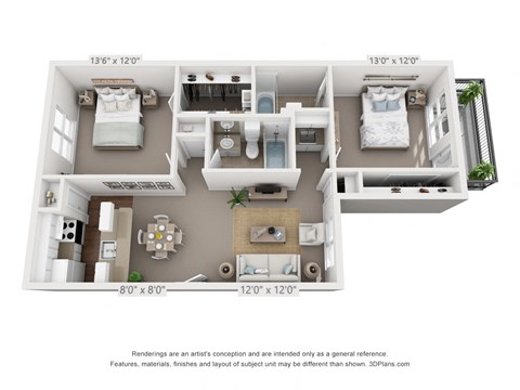 Floor plan for 2 beds, 2 baths, 963 sqft