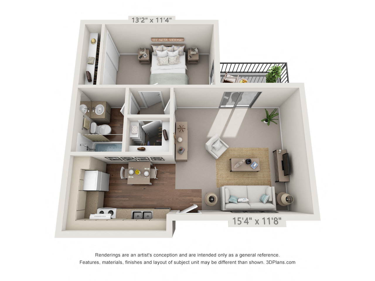 Floor plan for 1 bed, 1 bath, 590 sqft