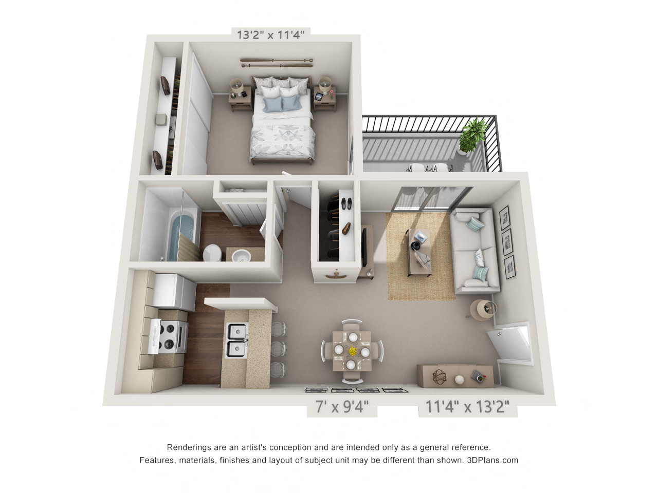 Floor plan for 1 bed, 1 bath, 629 sqft
