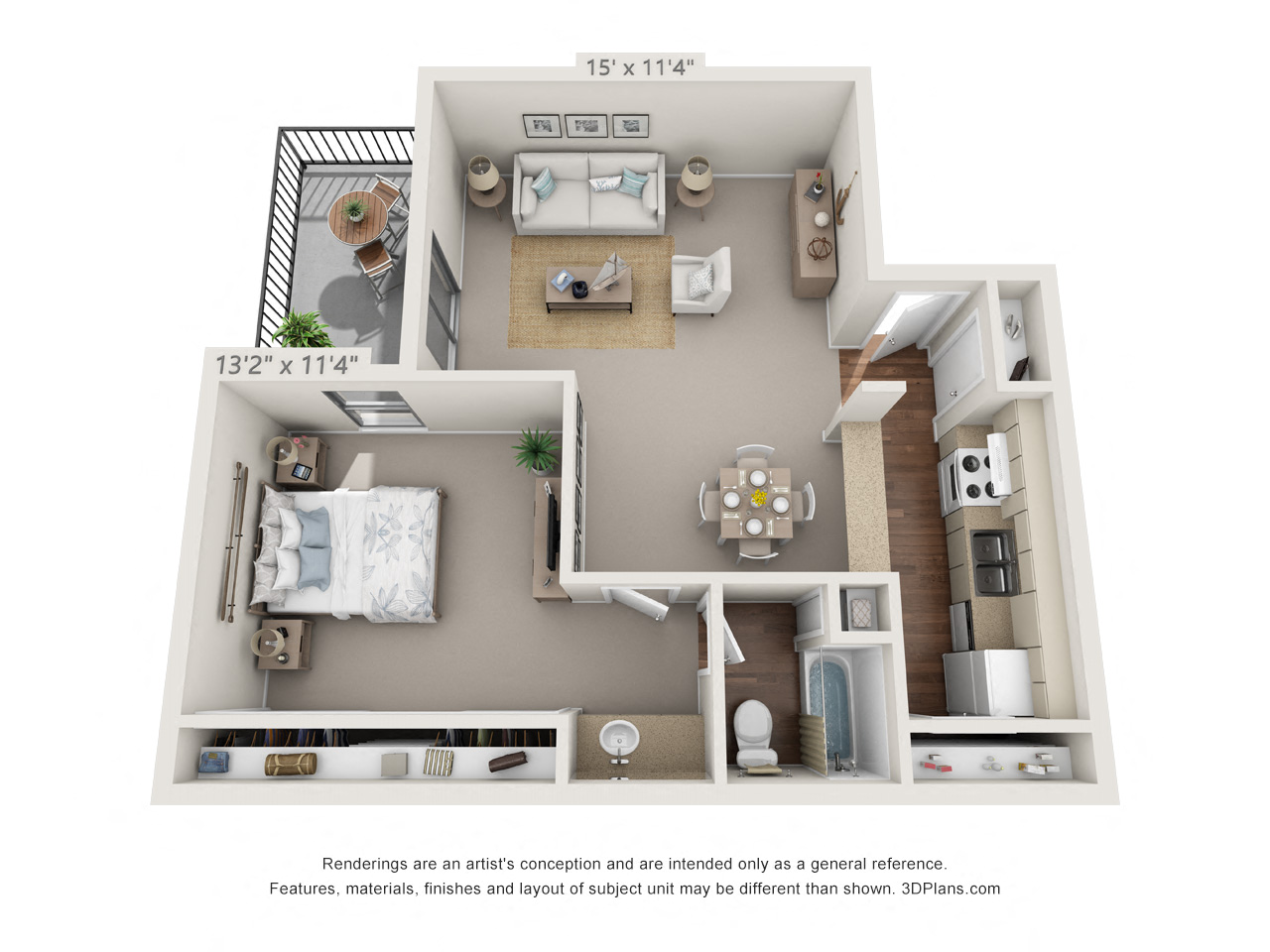 Floor plan for 1 bed, 1 bath, 653 sqft