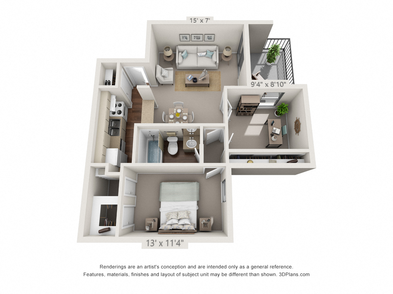 Floor plan for 1 bed, 1 bath, 752 sqft