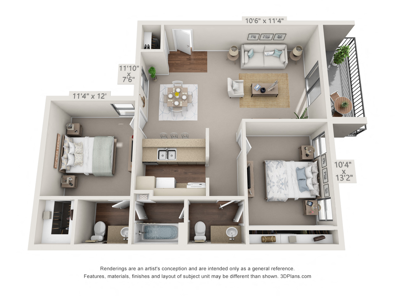 Floor plan for 2 beds, 1.5 baths, 846 sqft